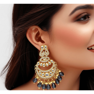 Kundan Chandbali Earrings with Crystal and Black Beads